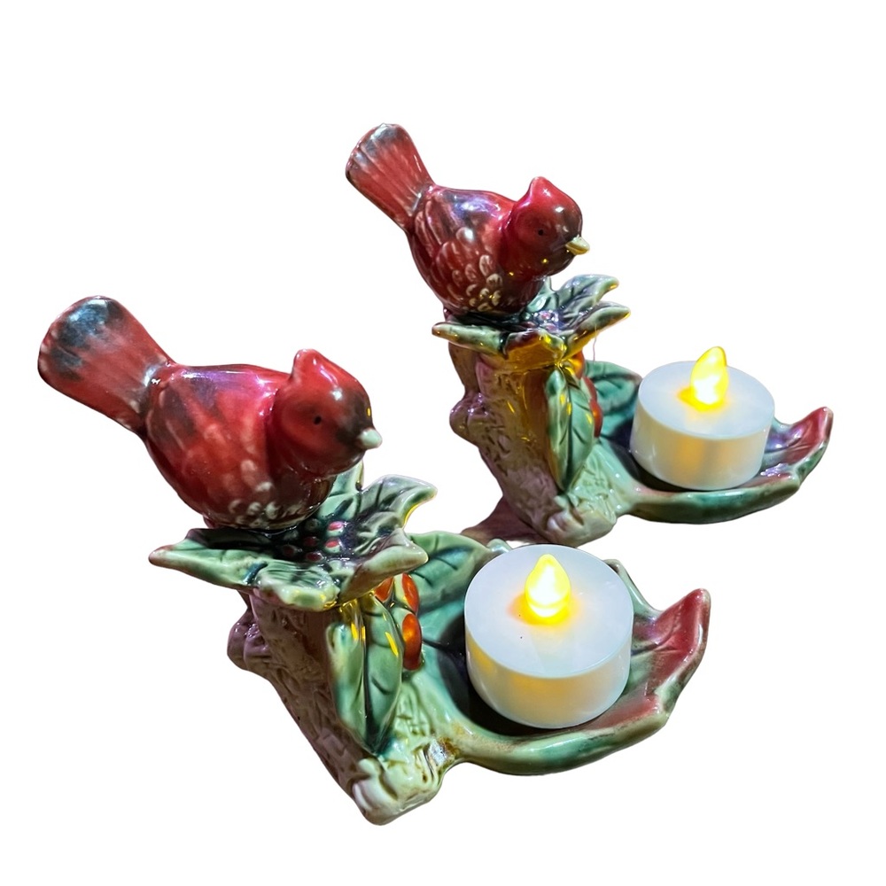 VINTAGE GLAZED CARDINAL TEA LIGHT POTTERY SET HAND-CRAFTED